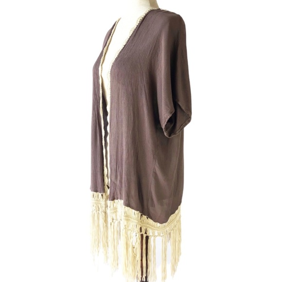 Umgee Womens Brown Crochet Lace Trim Short Sleeve Fringe Kimono Cardigan - Picture 5 of 13